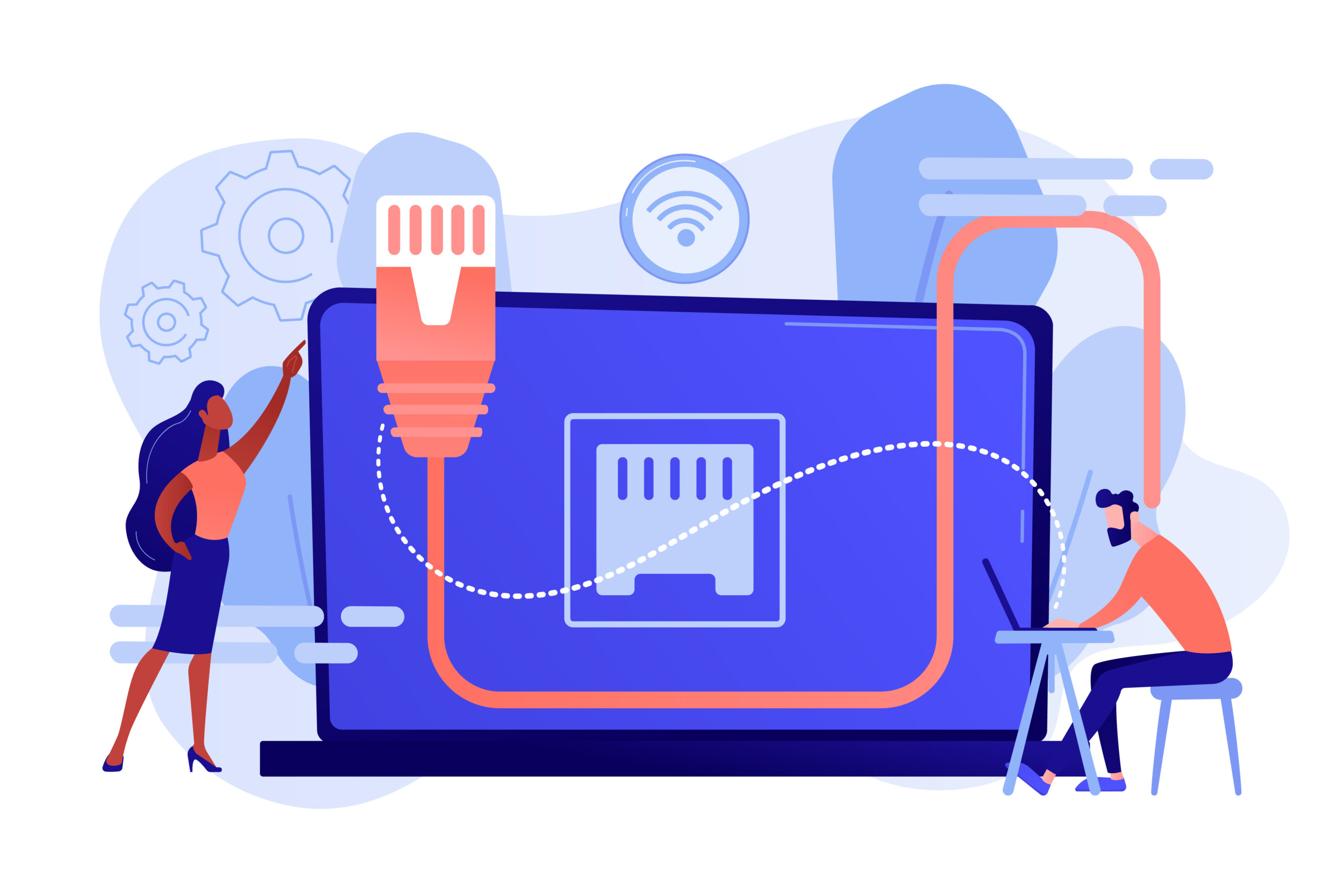 Ethernet connection concept vector illustration. Businessman at table using laptop with ethernet connection. Ethernet connection, LAN connection technology, ethernet network system concept. Pinkish coral bluevector isolated illustration